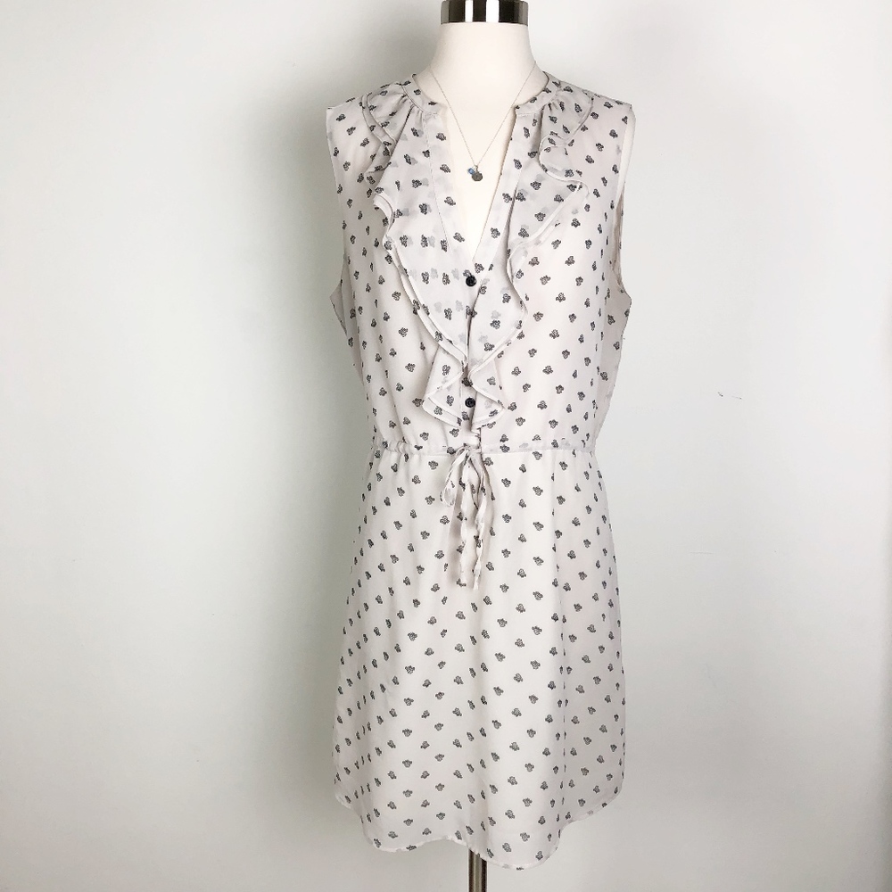 H&M White Sleeveless Ruffle Tie-Waist Dress with Black Dot Print